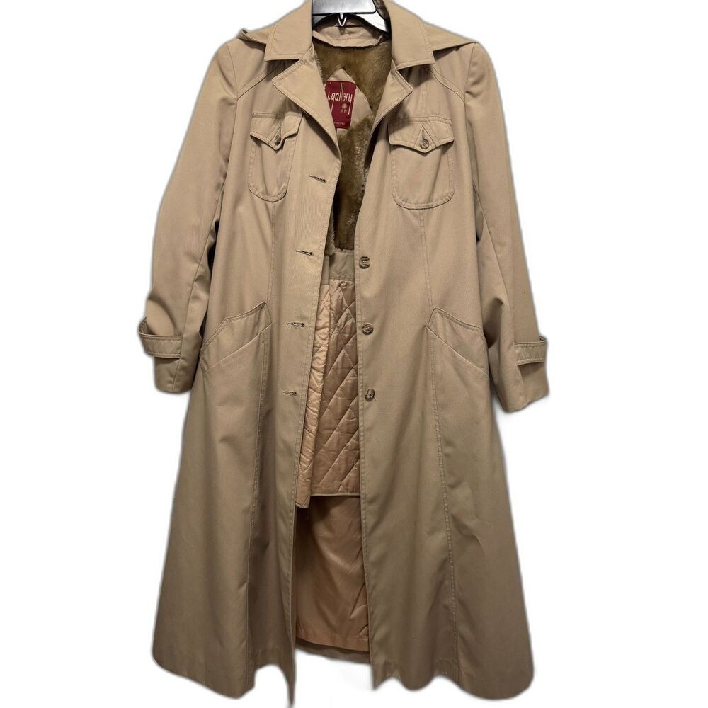 Vintage J. Gallery Tan Trench‎ Coat Faux Fur Lined Size 13/14
